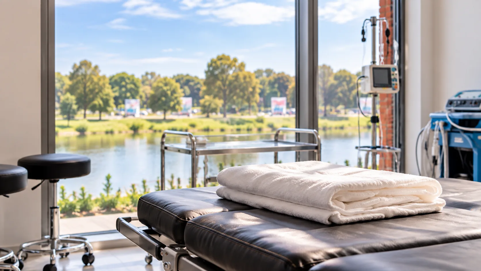 The procedure table at West-Med with fresh towels, beside a window