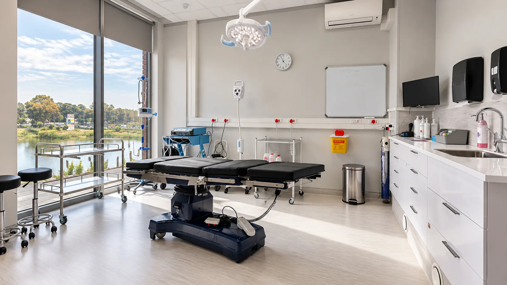 The procedure room at West-Med, with the procedure table, theatre light and sterile trolleys