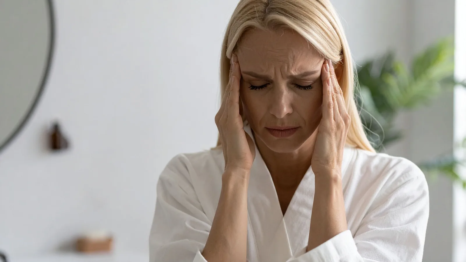 A woman experiencing migraine symptoms while pressing her temples indoors